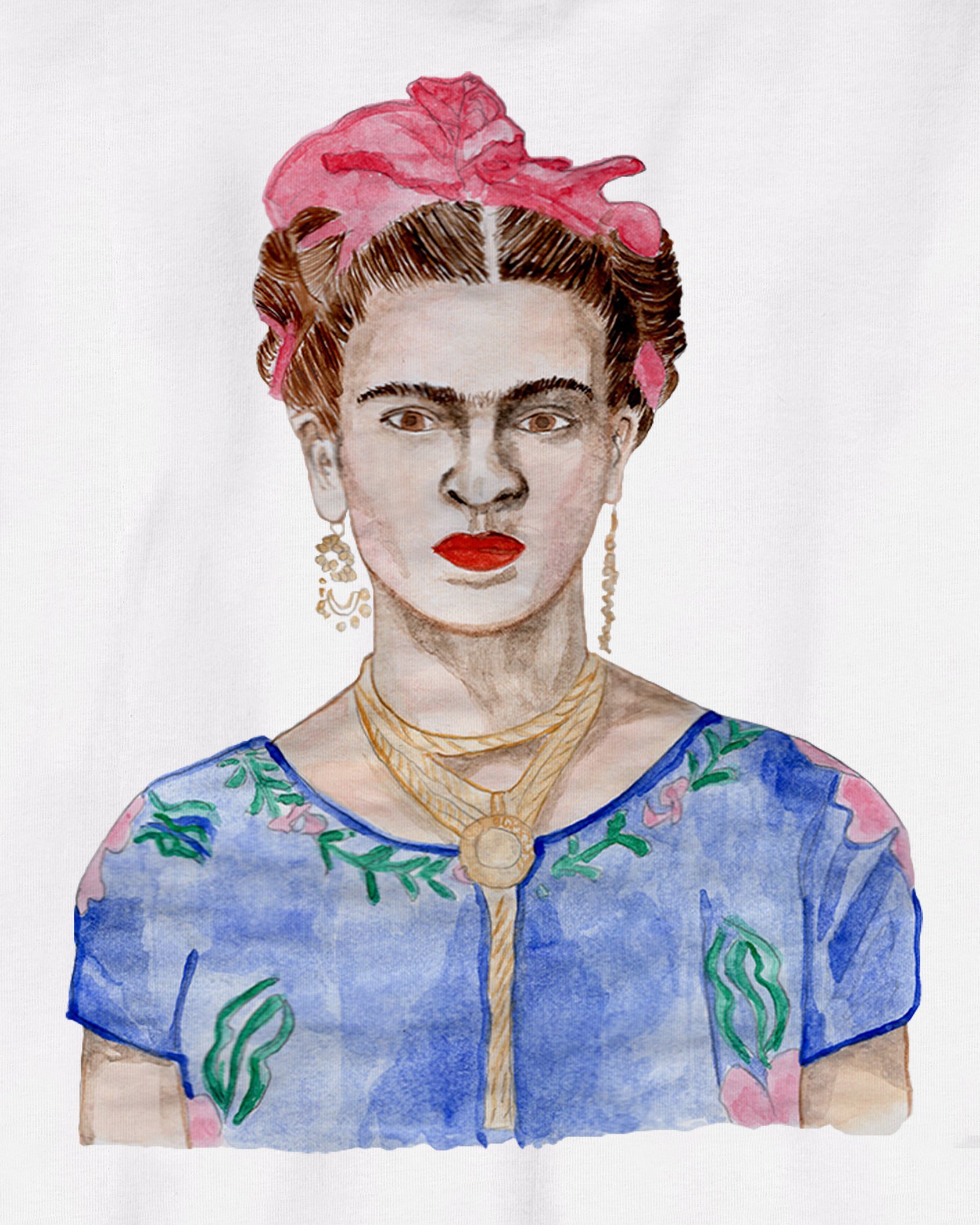 White Cropped Short Sleeve 100% Cotton Tee with original watercolor painting print of the artist Frida Kahlo