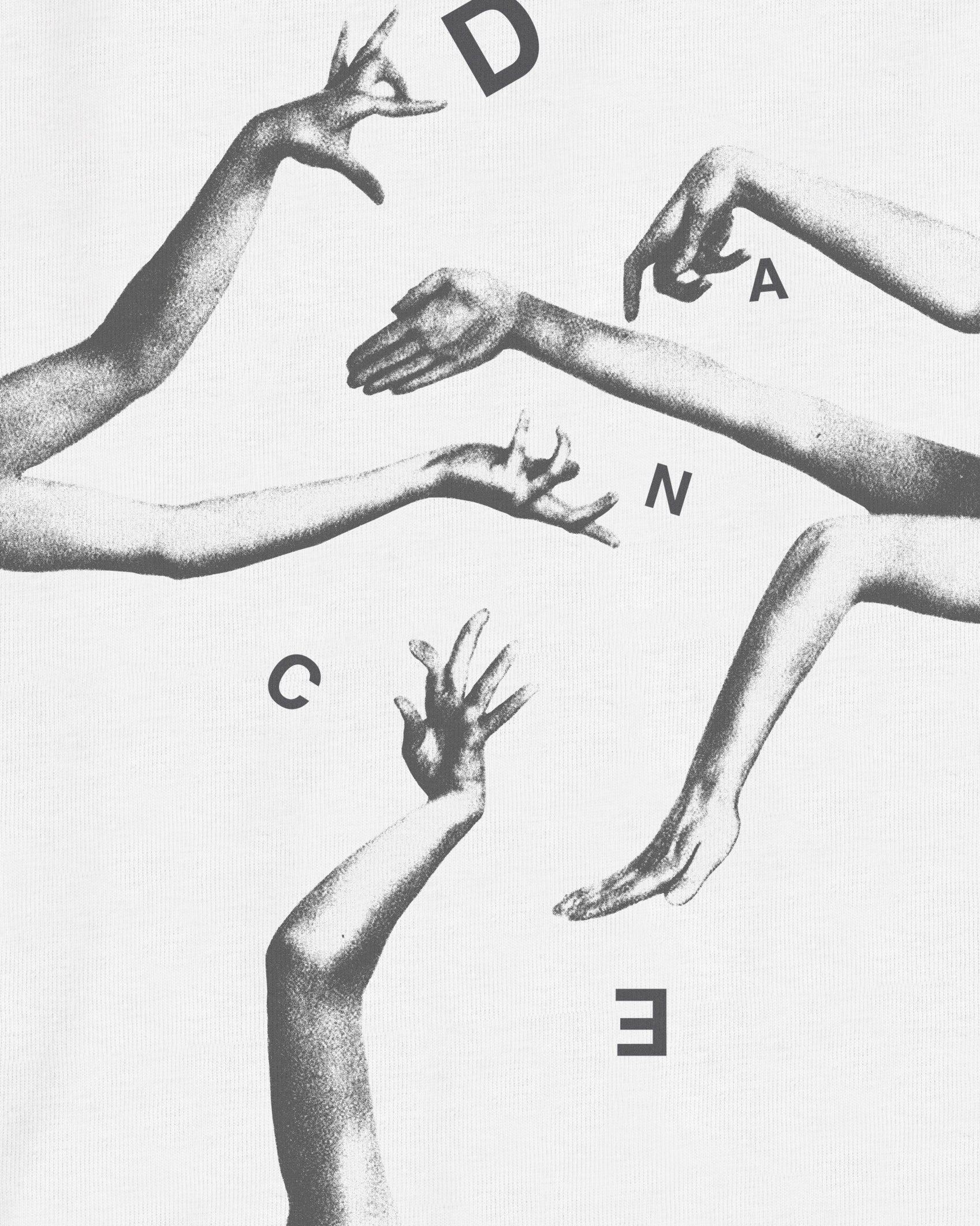 White Organic Short Sleeve 100% Cotton Tee with design of hands in motion and dance typography