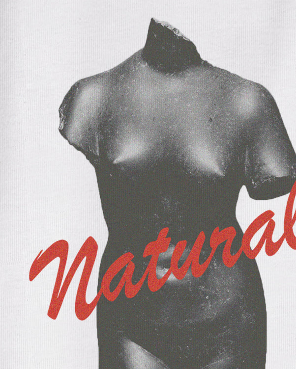 White Organic Short Sleeve 100% Cotton Tee with graphic print of a classical Renaissance Sculpture with Natural Red Typography Renaissance Art Movement.