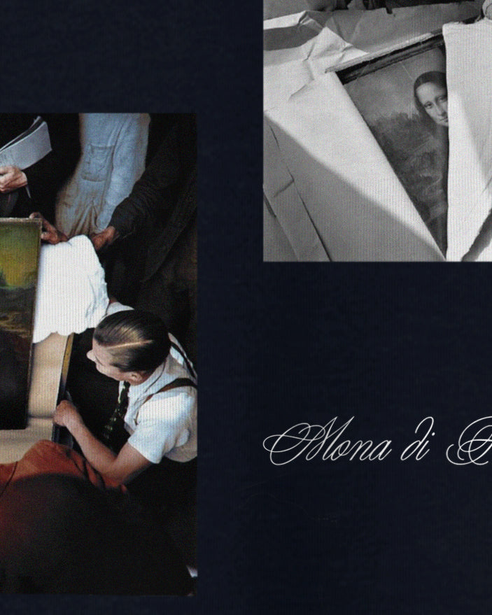 Navy / Blue Heavyweight Sweatshirt / Crewneck with graphic print of Leonardo da Vinci’s Mona Lisa Renaissance Art Movement.