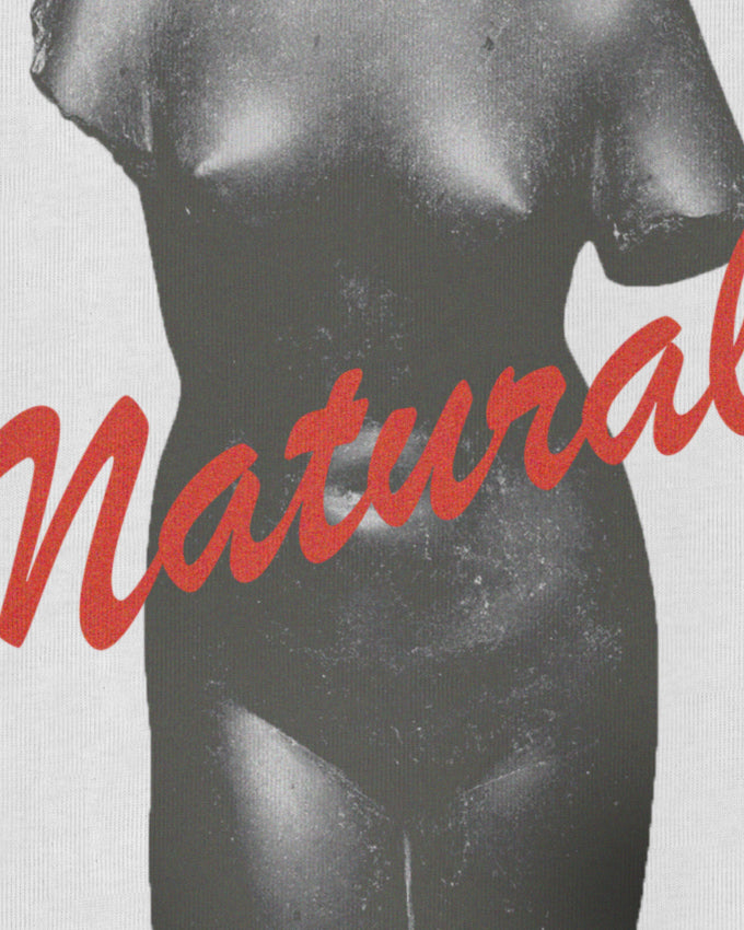 White Heavyweight Sweatshirt / Crewneck with graphic print of a classical Renaissance Sculpture with Natural Red Typography Renaissance Art Movement.