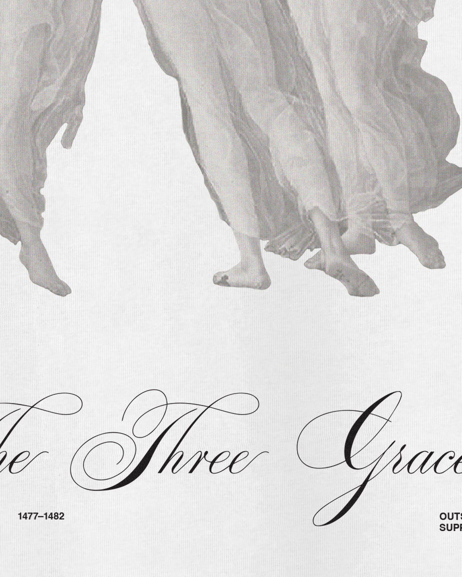 The Three Graces Printed Script Sandro Botticelli Primavera Organic Long Sleeve 100% Cotton White Tee.