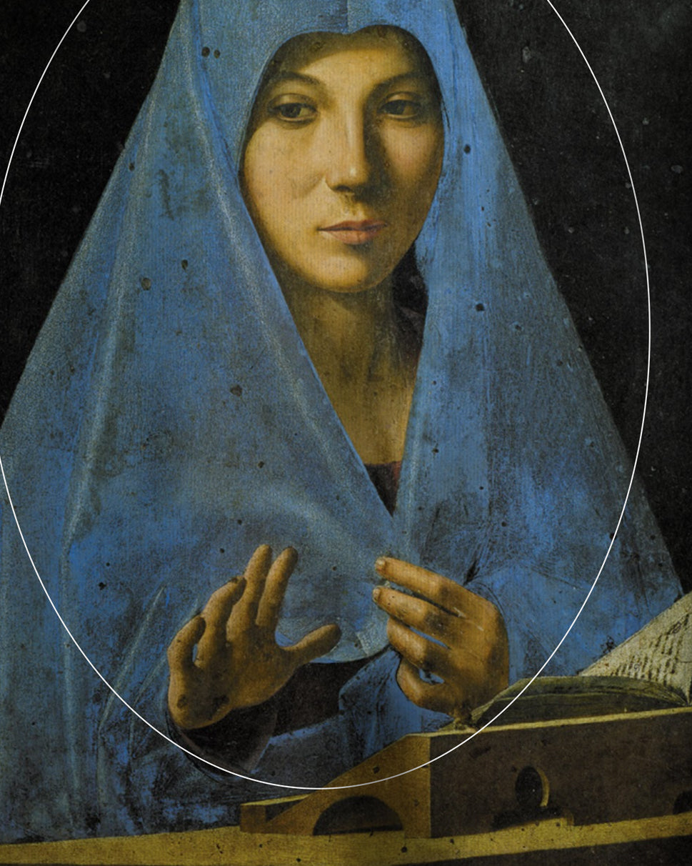 Black Organic Short Sleeve 100% Cotton Tee with graphic print of graphic print of Antonello da Messina’s Virgin Annunciate Renaissance Art Movement with Communication Beyond Language Script on back.