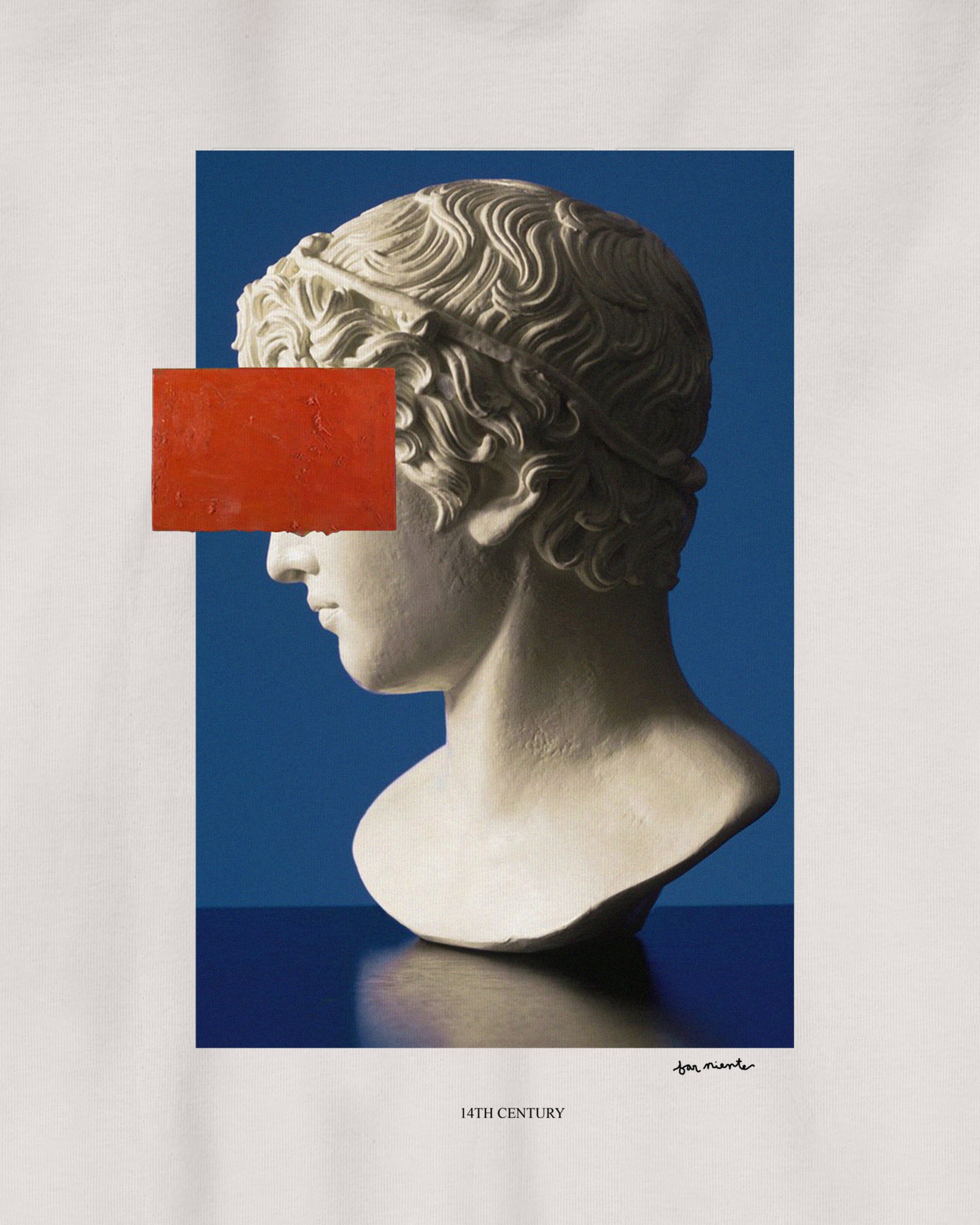 Cream / Off White/ Ceramic Organic Short Sleeve 100% Cotton Tee with graphic print of a classical Renaissance Sculpture with Expressionist red square Renaissance Art Movement.