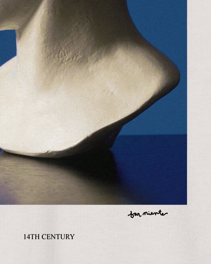 Cream / Off White/ Ceramic Organic Short Sleeve 100% Cotton Tee with graphic print of a classical Renaissance Sculpture with Expressionist red square Renaissance Art Movement.