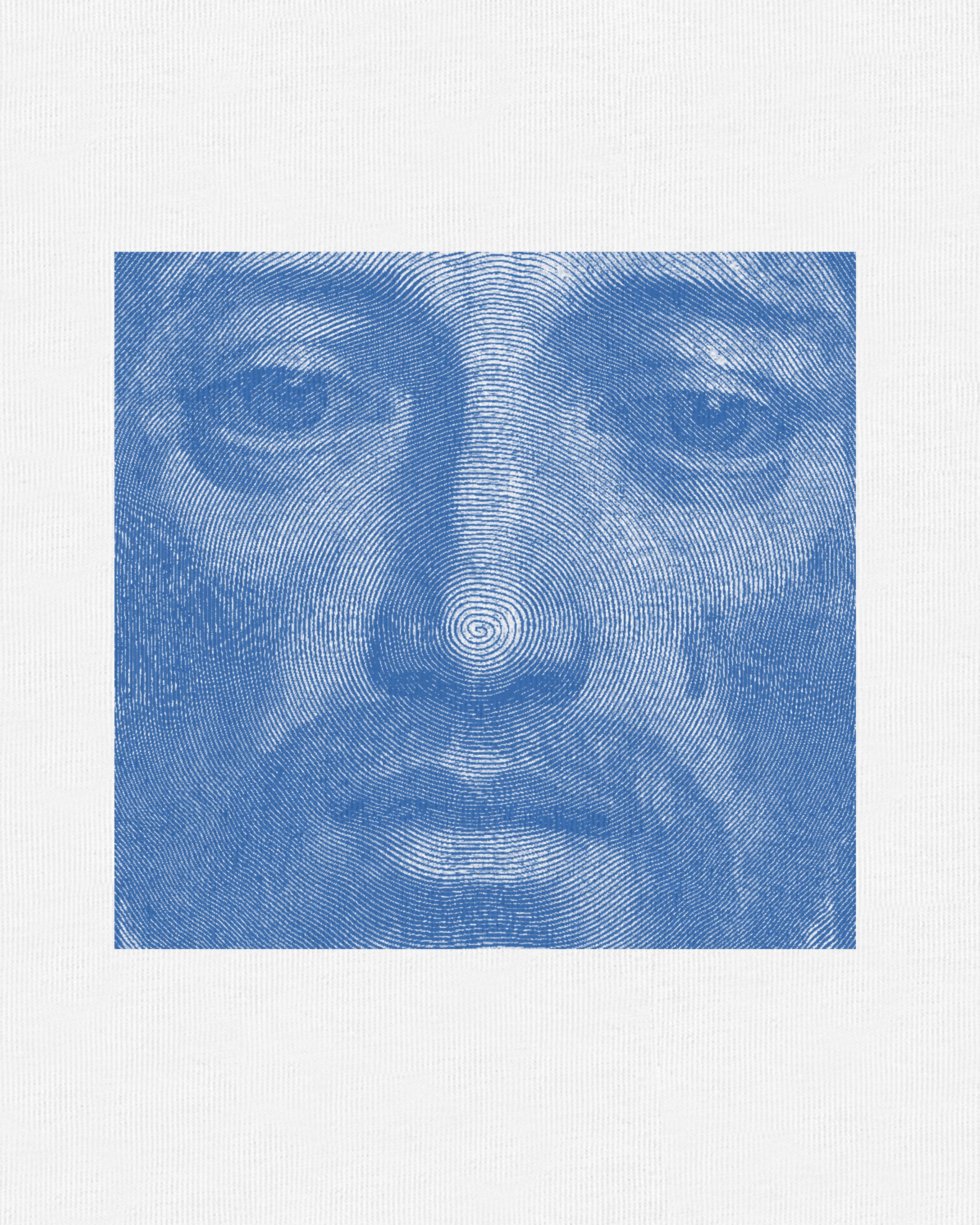 100% Organic White Cotton Tee With Blue Print Of Sudarium of Saint Veronica By Claude Mellan 1649 Sudarium Swirl