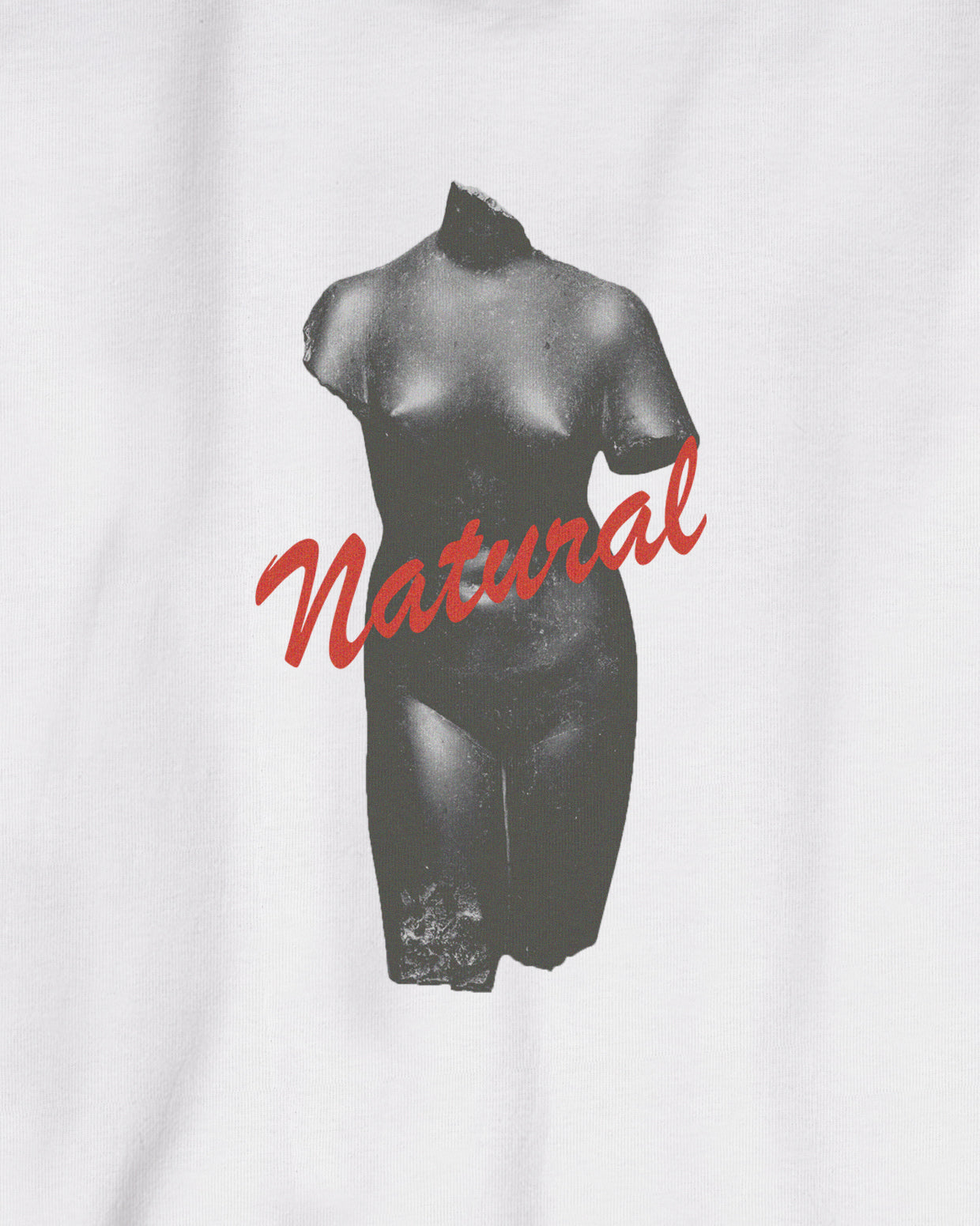 White Organic Short Sleeve 100% Cotton Tee with graphic print of a classical Renaissance Sculpture with Natural Red Typography Renaissance Art Movement.