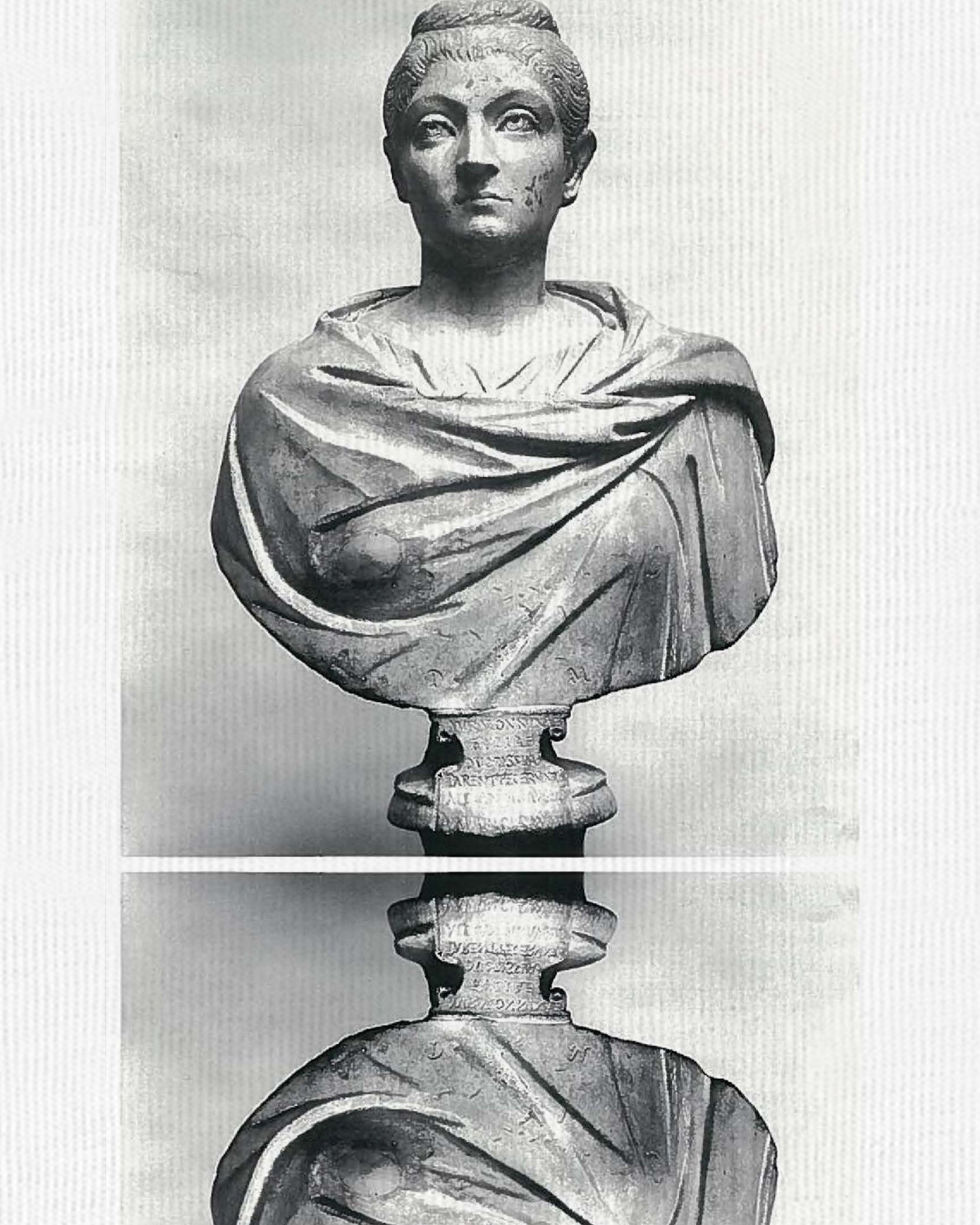 Closeup of Outsider Supply 100% Organic Cotton White Tee Shirt with Renaissance Art Movement Reflected Sculptural Bust Black and White Minimal Design