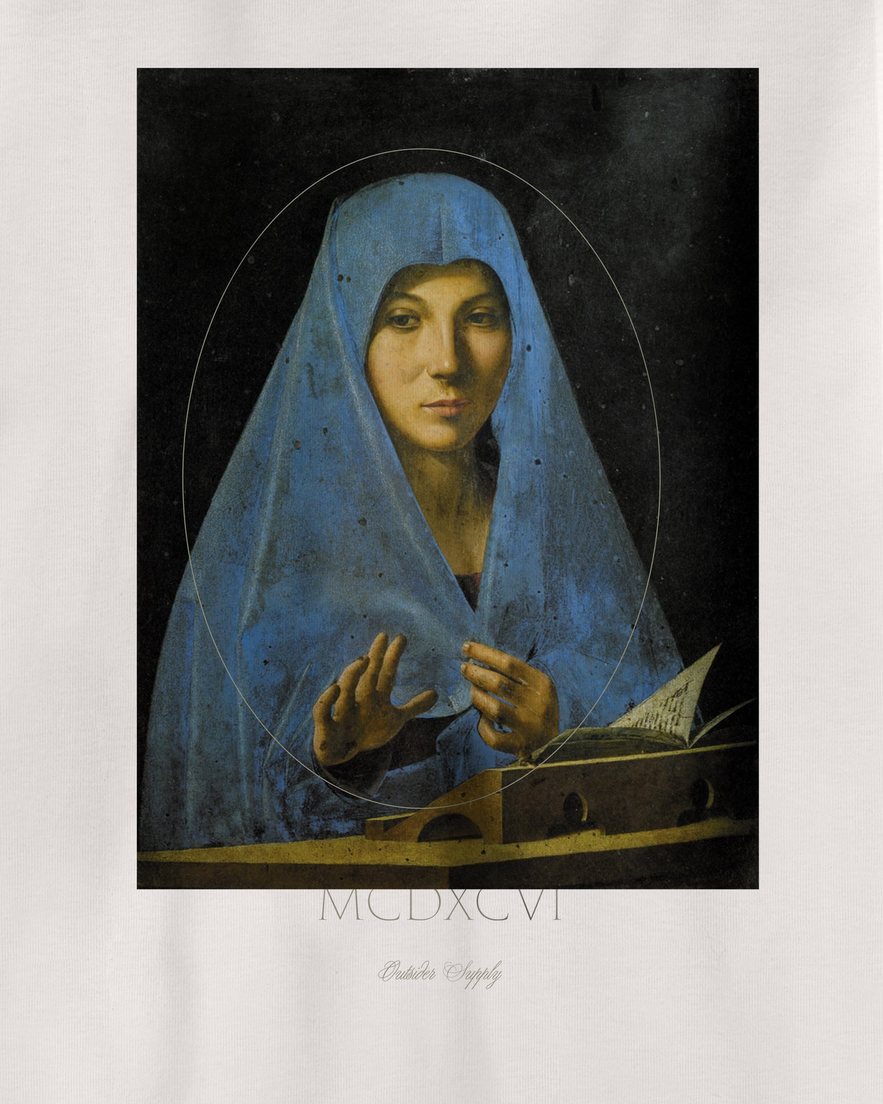 Cream / Off White / Ceramic Organic Short Sleeve 100% Cotton Tee with graphic print of graphic print of Antonello da Messina’s Virgin Annunciate Renaissance Art Movement with Communication Beyond Language Script on back.