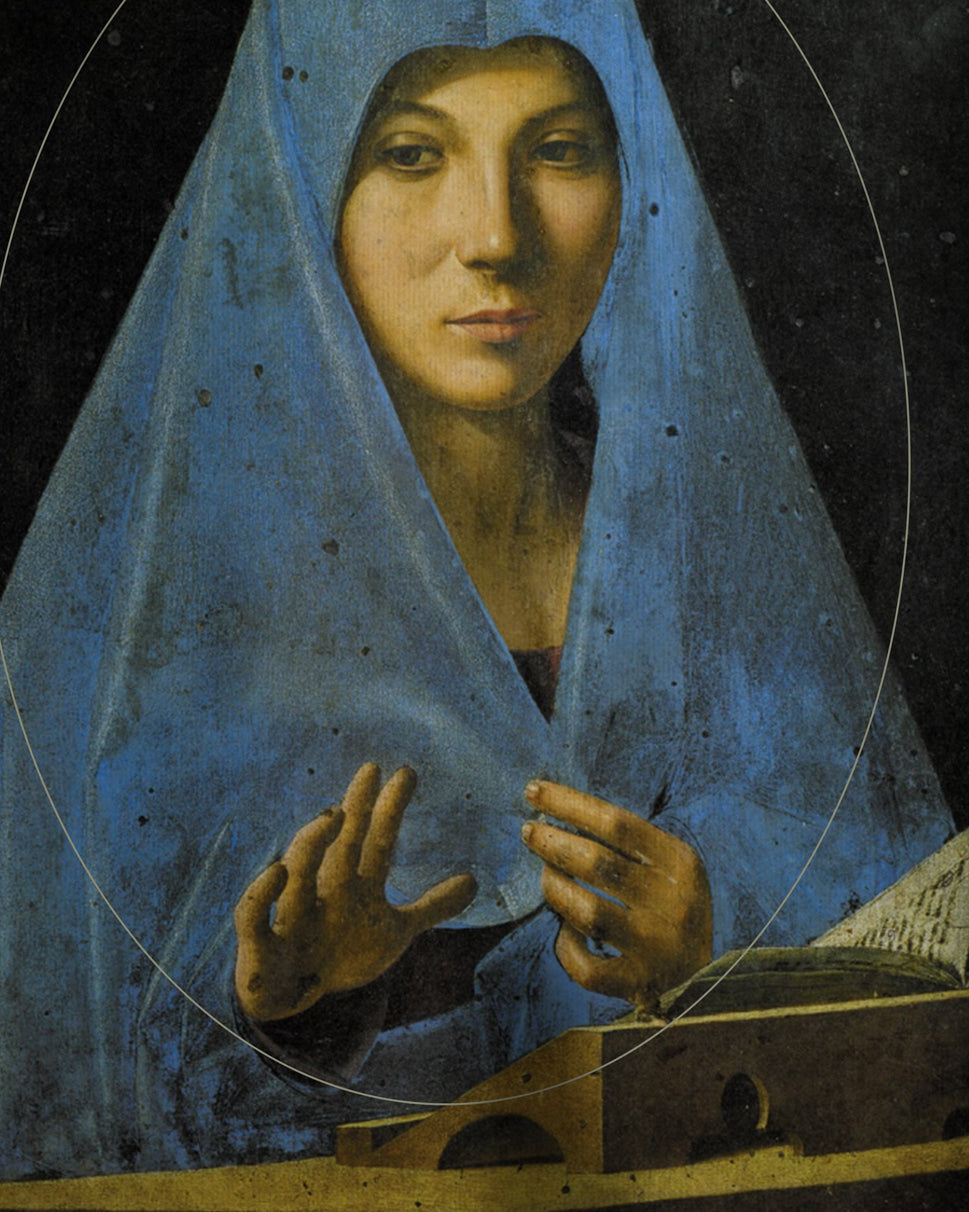 Cream / Off White / Ceramic Organic Short Sleeve 100% Cotton Tee with graphic print of graphic print of Antonello da Messina’s Virgin Annunciate Renaissance Art Movement with Communication Beyond Language Script on back.