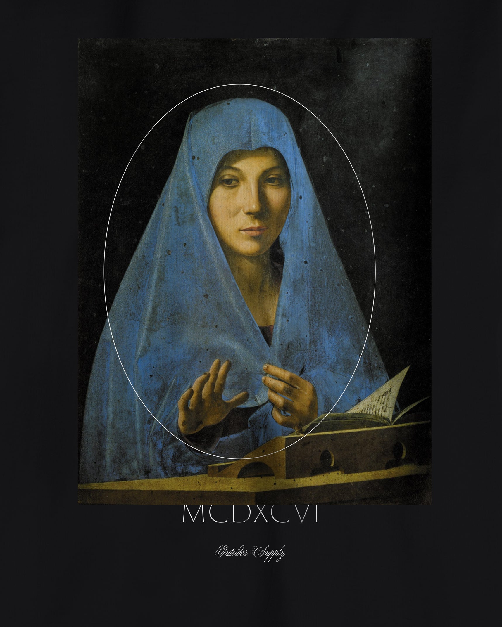 Black Organic Short Sleeve 100% Cotton Tee with graphic print of graphic print of Antonello da Messina’s Virgin Annunciate Renaissance Art Movement with Communication Beyond Language Script on back.